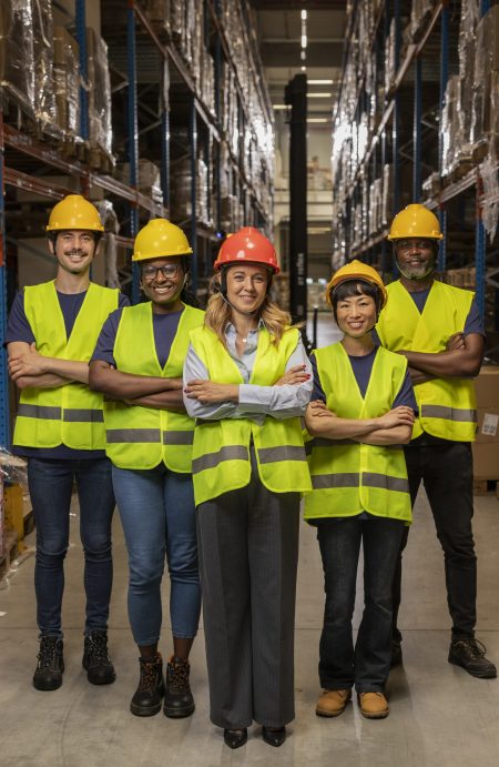 A group of five diverse workers wearing hard hats and safety vests in a warehouse, standing confidently.